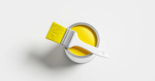 Yellow Paint Can Bucket Color Container Art And Painting Brush Tool For Renovation Home Design Isolated On White Background With Vivid Creative Colorful Concept Ink. 3D Rendering.