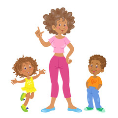 Canvas Print - Happy African American family. Mother, son and daughter are standing together. In cartoon style. Isolated on white background. Vector flat illustration.