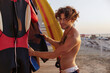 © Drobot Dean - European surfer choose diving suit on sandy beach