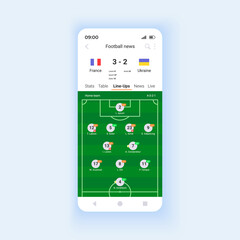 Football news and results smartphone interface vector template. Mobile app page design layout. Official match highlights screen. Expected goals and assists. Flat UI for application. Phone display