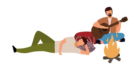 Wall Mural - relaxing around campfire semi flat color vector characters. sitting figures. full body people on whi