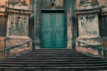 Gothic Architecture Cathedral Entrance Symmetry Exterior Facade Stairway And Door In Muted Soft Colors