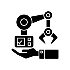 Sticker - Machinery owning black glyph icon. Manufacturing robot arm. Hand holds mechanism. Industrial plant equipment. Artificial intelligence. Silhouette symbol on white space. Vector isolated illustration