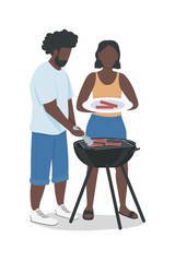 Couple hosting barbeque party semi flat color vector characters. Full body people on white. Siblings grilling sausages isolated modern cartoon style illustration for graphic design and animation