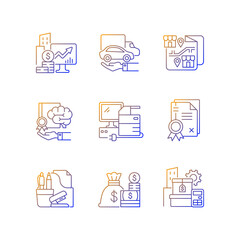 Sticker - Office supplies and technical equipment gradient linear vector icons set. Company vehicles. Customizable thin line contour symbols. Isolated vector outline illustrations. Editable stroke