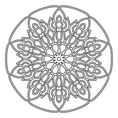 circular ornament. a fabulous flower. decorative plate. black-and-white isolated drawing by hand. page coloring, embroidery, template, henna, tattoo.