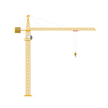 Yellow Tower Crane Side View Isolated On White Transparent Background. Symbol Of Construction Industry.