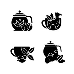 Poster - Medicinal tea black glyph icons set on white space. Ginger, lemon and honey beverage. Rosehip infusion. Blooming tea. Silicone funny infuser. Silhouette symbols. Vector isolated illustration