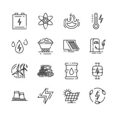 Poster - Energy Types Related Sign Black Thin Line Icon Set Include of Nuclear, Hydroelectric and Solar. Vector illustration of Icons