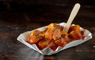 Poster - Appetizing fried pork sausage pieces with curry ketchup