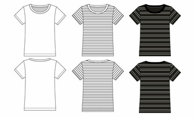 Cotton jersey regular fit basic T-shirt technical fashion Sketch vector illustration with crew neck short sleeves vertical stripe all over print. Flat apparel template. Woman unisex top CAD mock up.