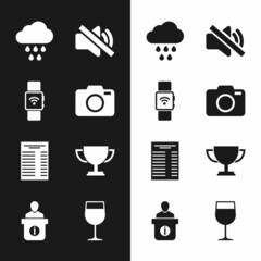 Sticker - Set Photo camera, Smartwatch with wireless, Cloud rain, Speaker mute, Paper or financial check and Trophy cup icon. Vector