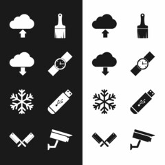 Wall Mural - Set Wrist watch, Cloud download, upload, Paint brush, Snowflake and USB flash drive icon. Vector