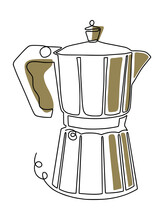 Continuous One Line Drawing Of Coffee Maker In Color For Coffee Shop Poster Wall, Contour Line Art Design For T-shirt Fashion Print, Logo, Emblem, Template. Single Line Draw Vector Illustration