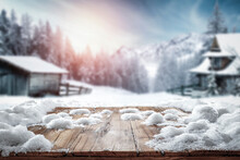Fresh Snow On A Wooden Table On A Beautiful Winter Day With A Landscape Background 