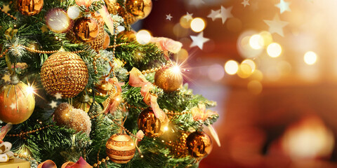 Wall Mural - christmas tree decorated with golden balls toys on a blurred, sparkling and fabulous fairy backgroun