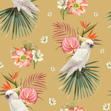 Seamless Pattern Watercolor Illustration Of White Bird Cockatoo On The Background Of A Tropical Bouquet Of Flowers, Hand Painted