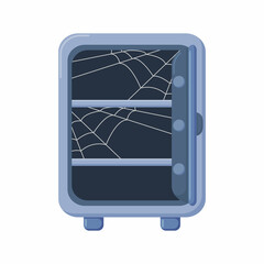 Bank safe. Open empty metal deposit safe with cobweb inside. Metaphor of bankruptcy, poverty, ruin. Theft and fraud. Deception of depositors and customers of the bank. Flat vector.