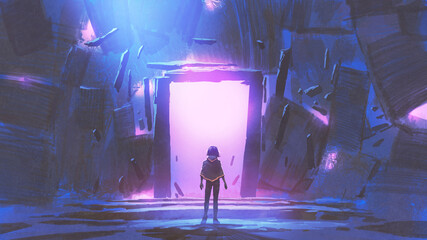 A kid standing in front of the glowing purple entrance to go to another place, digital art style, illustration painting