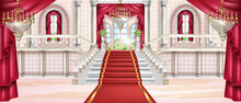 Palace Vector Interior Background, Luxury Castle Hall, Marble Staircase, Arch Window, Carpet, Chandelier. Rich Classic Ballroom, Red Curtain, Balustrade, Pillars. Vintage Fairytale Palace Interior