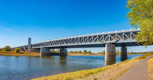 Panoramic View Over A Famous Wonder Water Bridge For Ship Navigation Canal Near Magdeburg At Autumn Colors, Sunny Day And Blue Sky, Magdeburg, Germany.