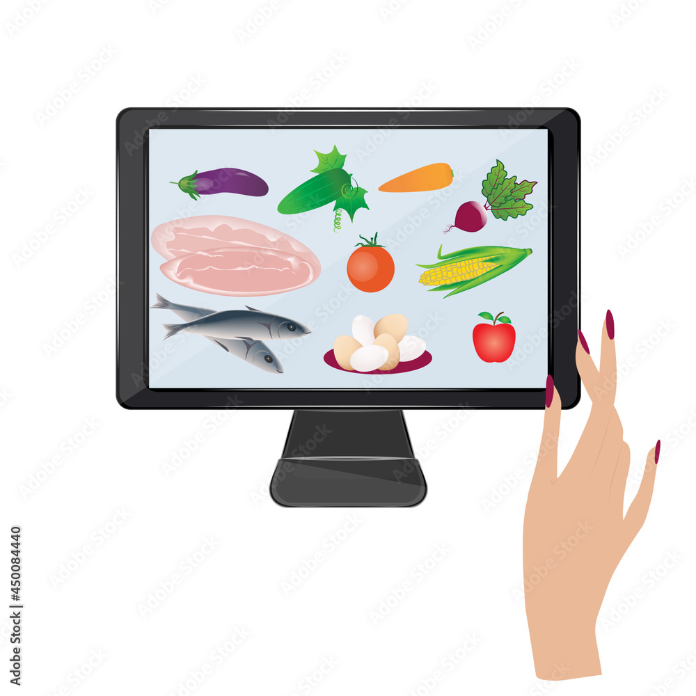 Computer, hand chooses food items on the screen - meat, fish ...