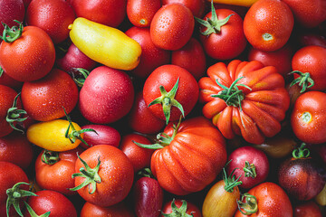 Fresh red and yellow tomatoes background.