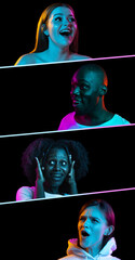 Collage of portraits of four young people isolated over black background in neon light.