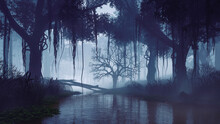 Calm Swampy River Among Thickets Of Old Creepy Trees In A Dark Mysterious Forest At Misty Dusk Or Night. With No People Fantasy Woodland Scenery 3D Illustration From My Own 3D Rendering.