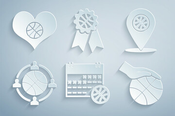 set basketball on sport calendar, location with basketball, planning strategy, hand, award and heart