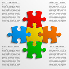Fototapete - Four sided 3d puzzle presentation. Abstract puzzle infographic template with explanatory text field for business statistics. Vector four pieces puzzles illustration