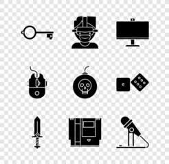 Wall Mural - Set Ancient key for game, Virtual reality glasses, Computer monitor, Sword, Cartridge, Microphone, mouse gaming and Bomb ready explode icon. Vector