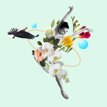 Dancing Woman A Ballet Dancer Or Performer With Flowers. Copyspace. Modern Design. Contemporary Art Collage