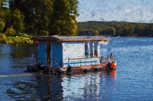 Oil Paintings Of A Houseboat On The River Havel In Havelland Region.