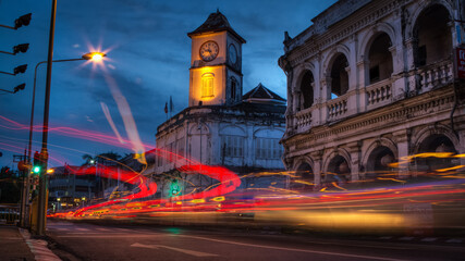 Sticker - Long exposure of the cars driving around at night in Phuket Old Town