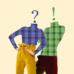 Modern art collage. Two young people, man and woman in checkered retro style clothes posing headed with punctuation marks