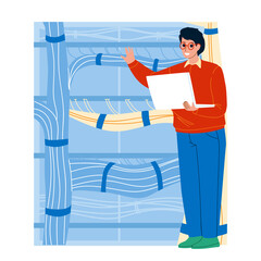 Wall Mural - server administrator testing equipment vector. young man server administrator technician examining s