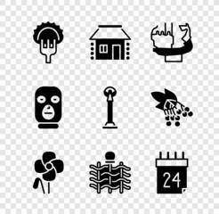 Sticker - Set Dumplings on fork, Ukrainian house, Monument to founders of Kiev, Poppy flower, Wicker fence, Independence day Ukraine, Thief mask and icon. Vector