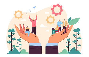 Wall Mural - Hands holding team of tiny business persons. Social help or support for workplace community flat vector illustration. Employee care, wellbeing, people management concept for banner, website design