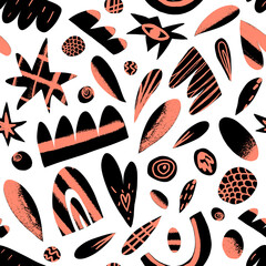 Abstract shapes seamless pattern. Figures, elements like circles, cloud, stars, hearts with neon orange texture.