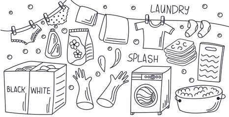 Laundry items doodle set: washing machine, washing powder, board and other, Isolated vector illustration.