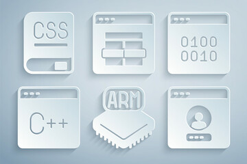 Set Processor, Binary code, Software, Create account screen, MySQL and Books about programming icon. Vector