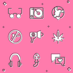 Sticker - Set Glasses, Vinyl player, The heart world - love, No war, Megaphone, Marijuana, Headphones and Psilocybin mushroom icon. Vector