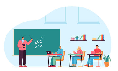 Wall Mural - Male teacher and happy students studying in classroom. College lesson flat vector illustration. Young tutor explaining to boys and girls new topic in mathematics. Teamwork, study, class concept