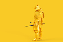 Rear View Of Samurai Warrior In Full Armor With Katana. 3D Illustration