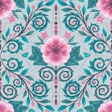 Floral Seamless Pattern Design, Traditionally Organized Repeat Pattern In Diamond Style Arrangement