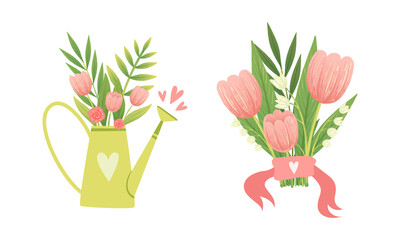 Poster - Spring Blooming Pink Tulip and Lily of the Valley Flower Bouquet Vector Set