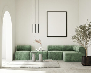 mock up poster frame in modern interior background, living room, minimalistic style, 3D render, 3D illustration