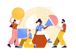 Male and female characters organizing abstract geometric shapes together on white background. Men and women collecting and organising figures. Concept of teamwork. Flat cartoon vector illustration