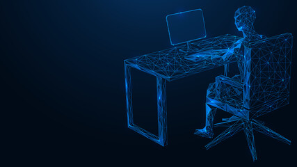 A businessman working at a computer. Polygonal construction of lines and points. Blue background